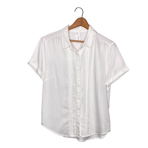 Liverpool Small White Pleated Detail Lyocell Short Sleeve Button Front Shirt Top